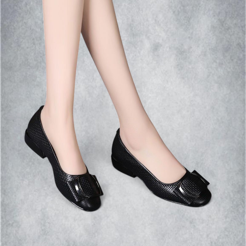 ZOFIA ATELIER black PU leather square-toe flats with decorative buckle detail