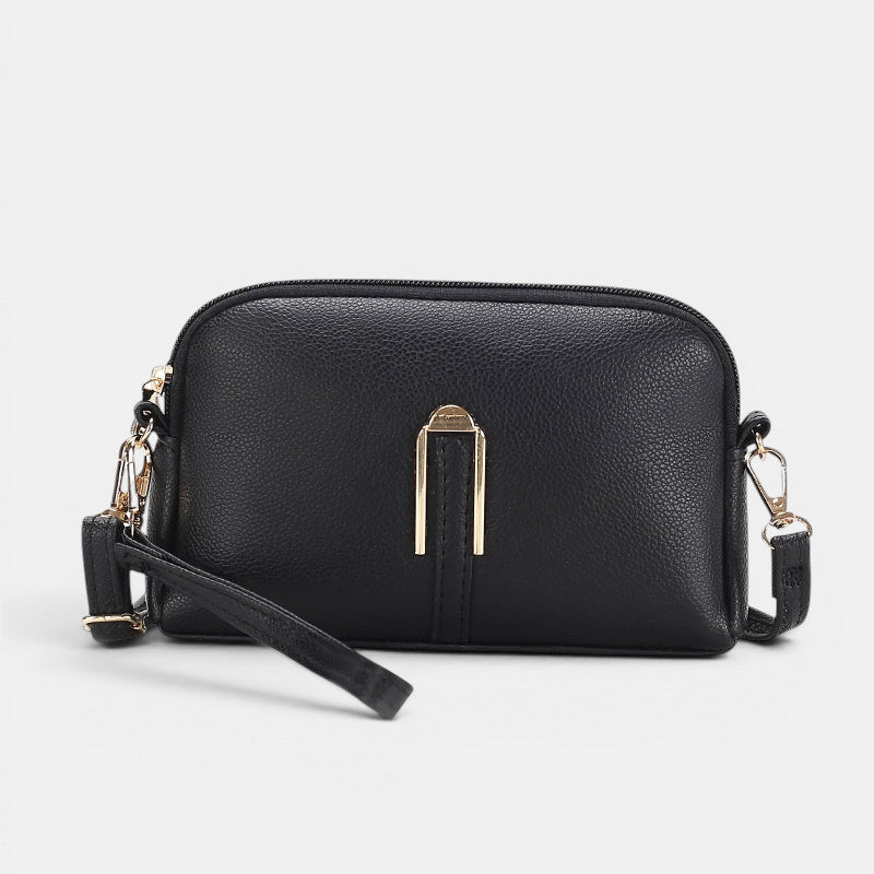 ZOFIA ATELIER black PU shell shape messenger bag with gold hardware and wrist strap