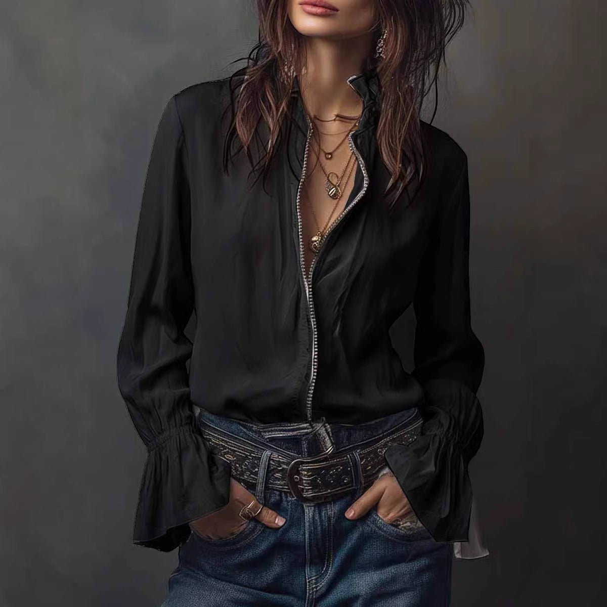 ZOFIA ATELIER black polyester long sleeve ruffled resort shirt with zipper detail and layered necklaces.