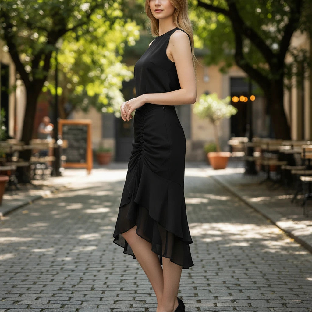 ZOFIA ATELIER black polyester sheath skirt with ruched side and ruffled hem