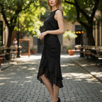 ZOFIA ATELIER black polyester sheath skirt with ruched side and ruffled hem