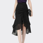 ZOFIA ATELIER black polyester sheath skirt with ruched front and ruffled hem