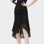 ZOFIA ATELIER black polyester sheath skirt with ruched front and tiered ruffle hem