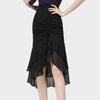 ZOFIA ATELIER black polyester sheath skirt with ruched front and tiered ruffle hem