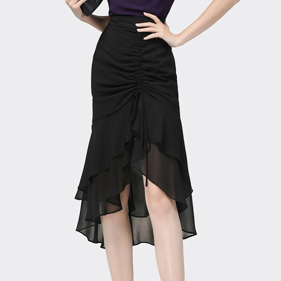 ZOFIA ATELIER black polyester sheath skirt with ruched front and tiered ruffle hem