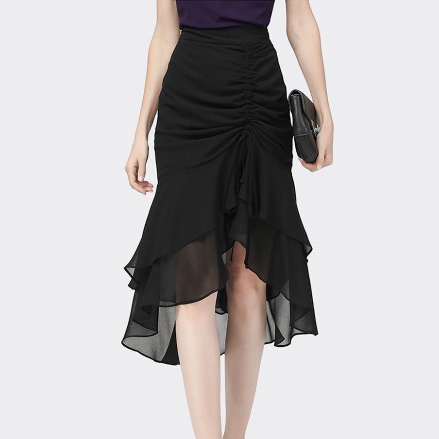 ZOFIA ATELIER black polyester sheath skirt with ruched front and tiered ruffle hem