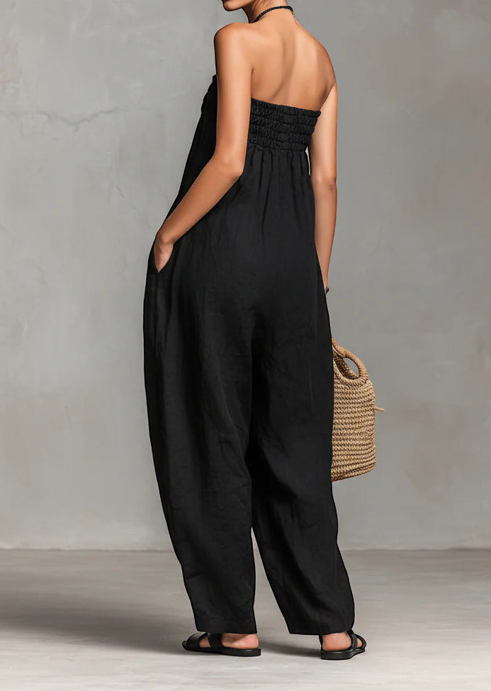 ZOFIA ATELIER black ruched strapless polyester jumpsuit with pockets and straight legs