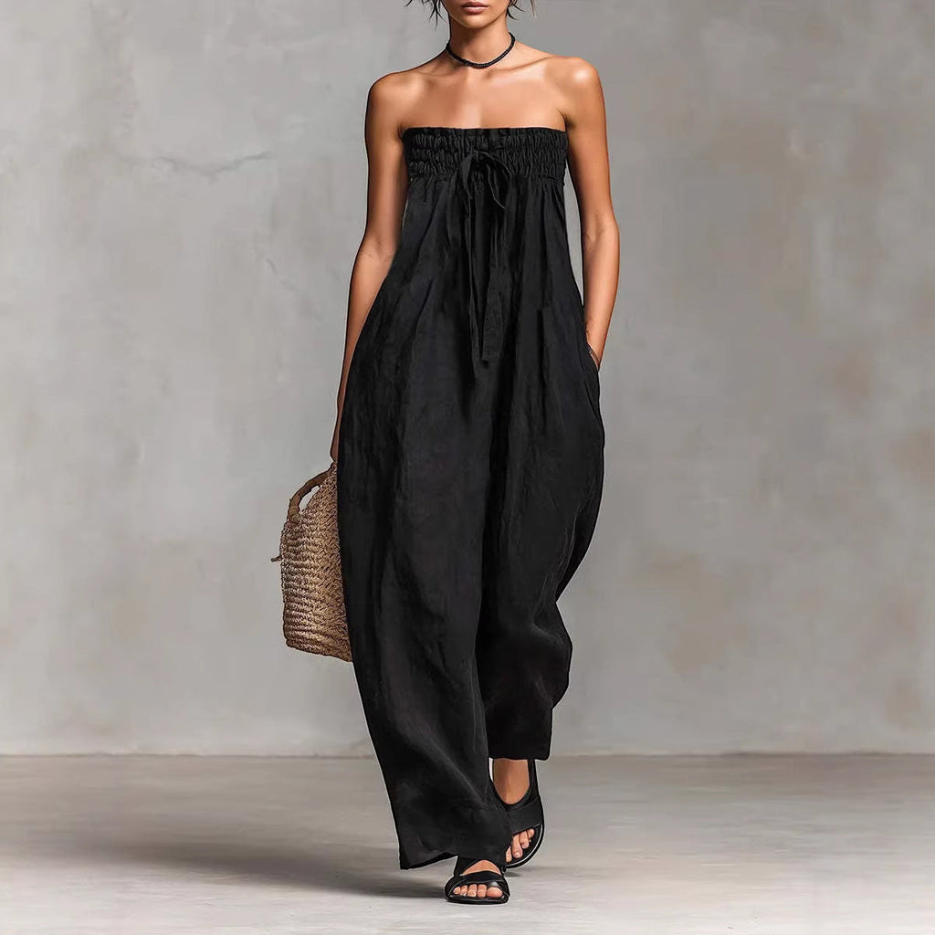 ZOFIA ATELIER black ruched strapless polyester jumpsuit with drawstring waist and wide legs