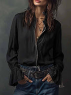 ZOFIA ATELIER black polyester long sleeve ruffled shirt with zip-front and layered necklaces