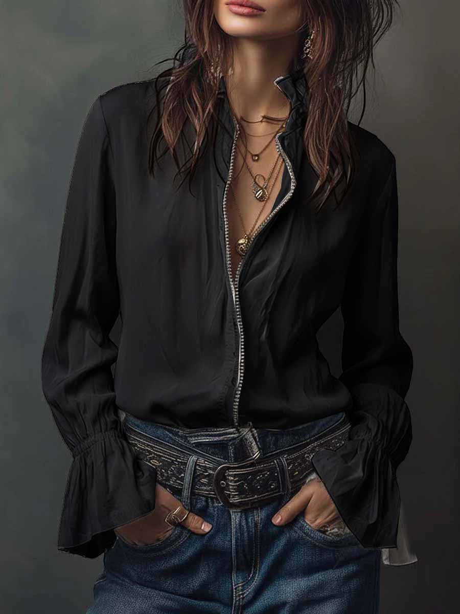 ZOFIA ATELIER black polyester long sleeve ruffled shirt with zip-front and layered necklaces