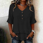 ZOFIA ATELIER black polyester ruffled V-neck three-quarter sleeve shirt with button detail