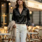 ZOFIA ATELIER LENA black satin long sleeve lapel button-down blouse with a non-iron finish.