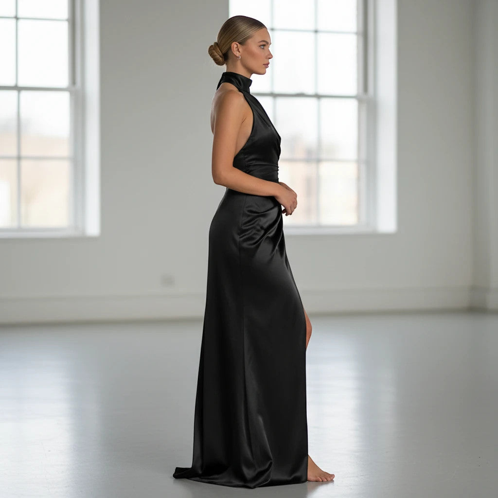 ZOFIA ATELIER black satin halter long dress with a high slit, sleeveless, perfect for evening parties.
