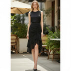ZOFIA ATELIER black polyester sheath skirt with ruched front and tiered ruffle hem