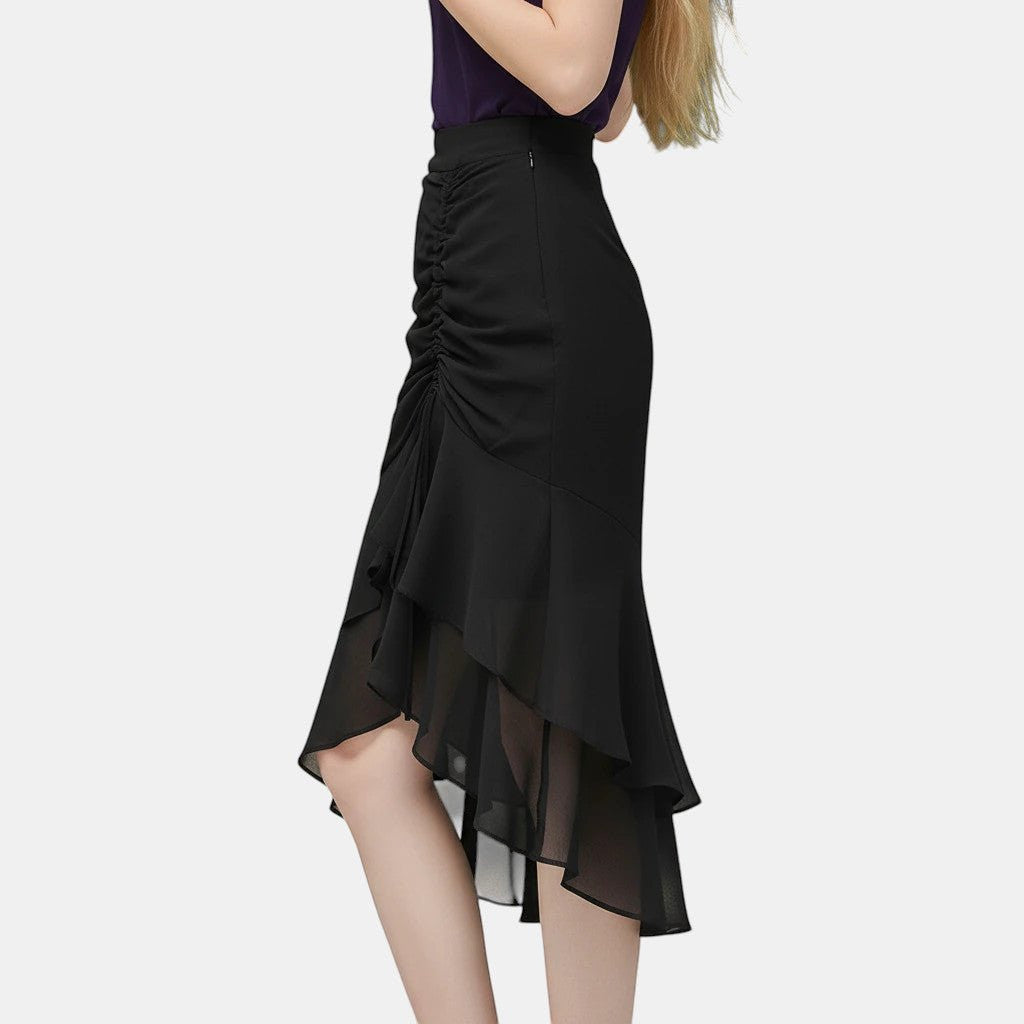 ZOFIA ATELIER Natalia black floral sheath skirt with ruched side and ruffled hem, polyester