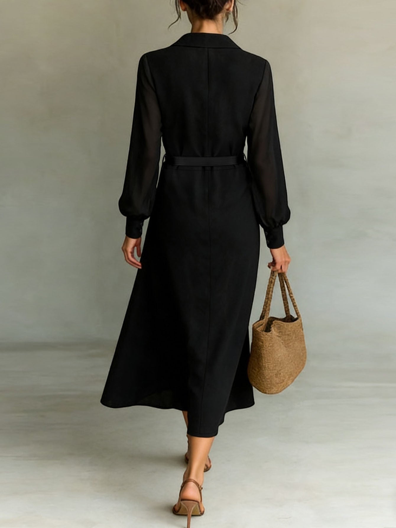 ZOFIA ATELIER black maxi shirt dress with sheer puff sleeves, collared neckline, button front, and belt