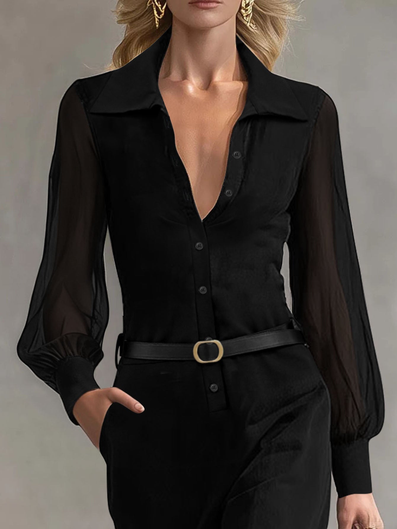 ZOFIA ATELIER black sheer puff sleeve maxi shirt dress with collared neckline and button front closure.