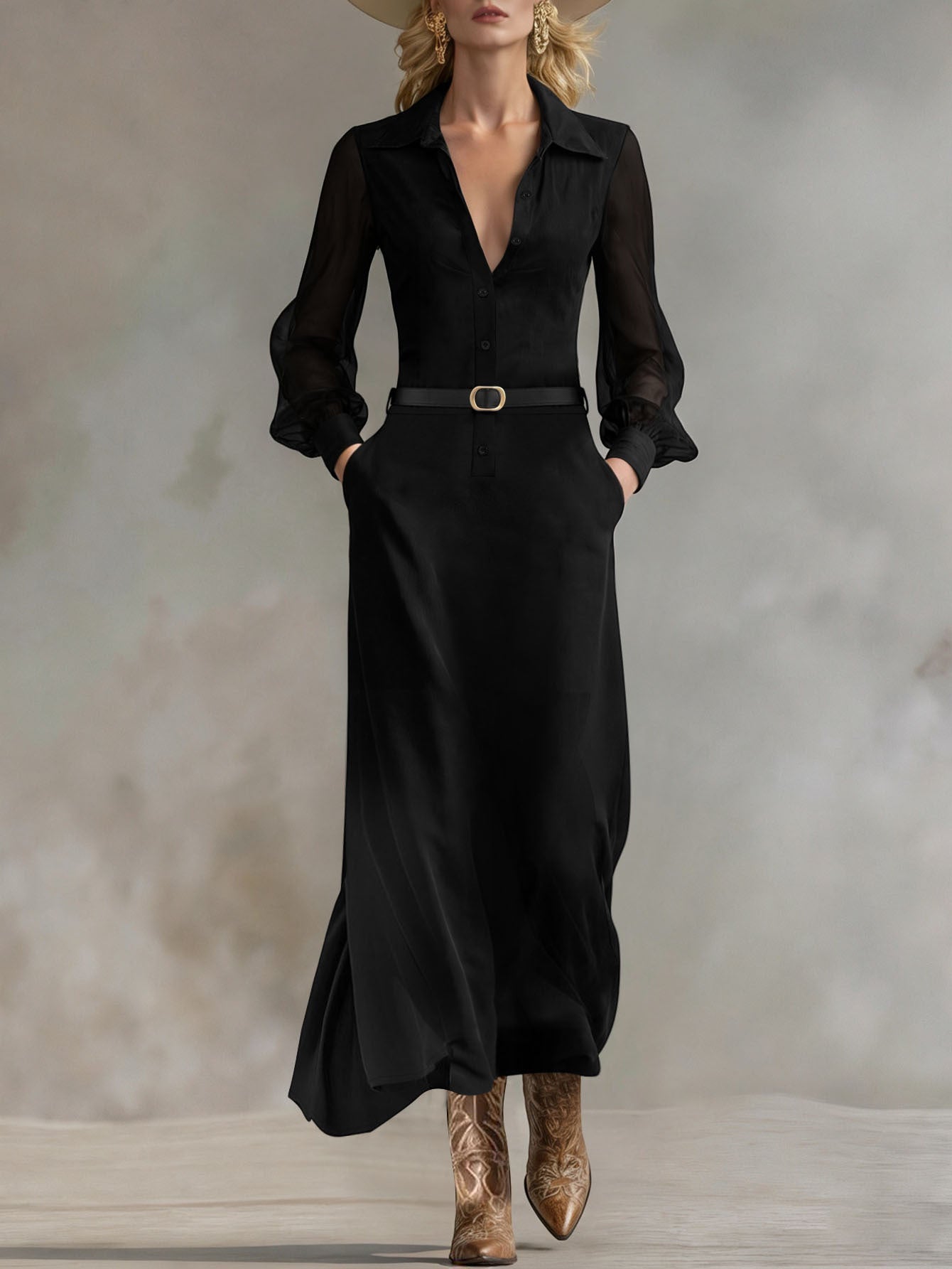 ZOFIA ATELIER black maxi shirt dress with sheer puff sleeves, collared neckline, button front, and belt.