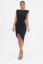 ZOFIA ATELIER black sleeveless asymmetric polyester dress with a tulip hem and padded shoulders.