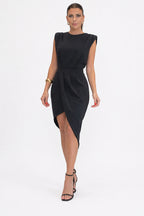 ZOFIA ATELIER black sleeveless asymmetric polyester dress with a tulip hem and padded shoulders.