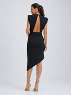 ZOFIA ATELIER black sleeveless asymmetric midi dress with a deep V-back and padded shoulders.
