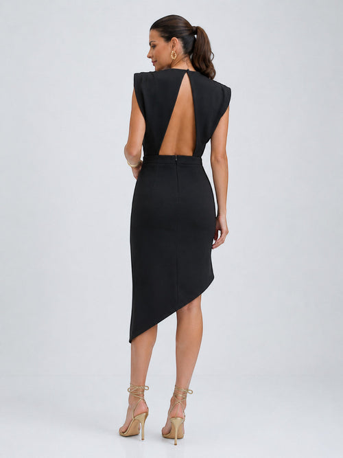 ZOFIA ATELIER black sleeveless asymmetric midi dress with a deep V-back and padded shoulders.