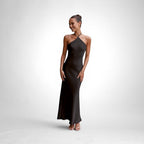ZOFIA ATELIER black sleeveless backless maxi dress made of polyester with a slim fit and halter neckline.