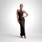 ZOFIA ATELIER black sleeveless backless maxi dress made of polyester with a slim fit and halter neckline.