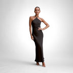 ZOFIA ATELIER black sleeveless backless maxi dress made of polyester with a slim fit and halter neckline.