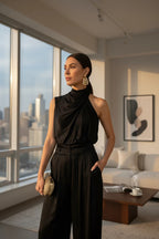 ZOFIA ATELIER black sleeveless wide-leg pants set with draped halter neck top and tie waist