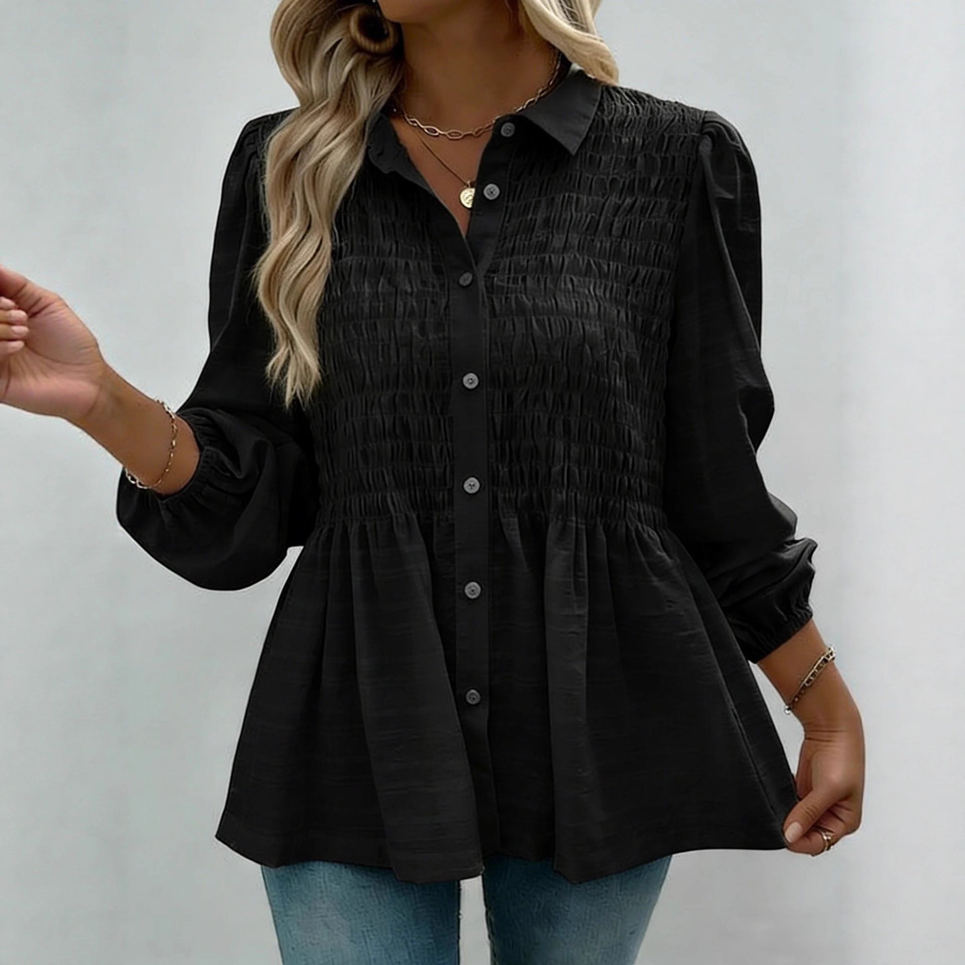 ZOFIA ATELIER black polyester button-down shirt with smocked bodice and puff sleeves