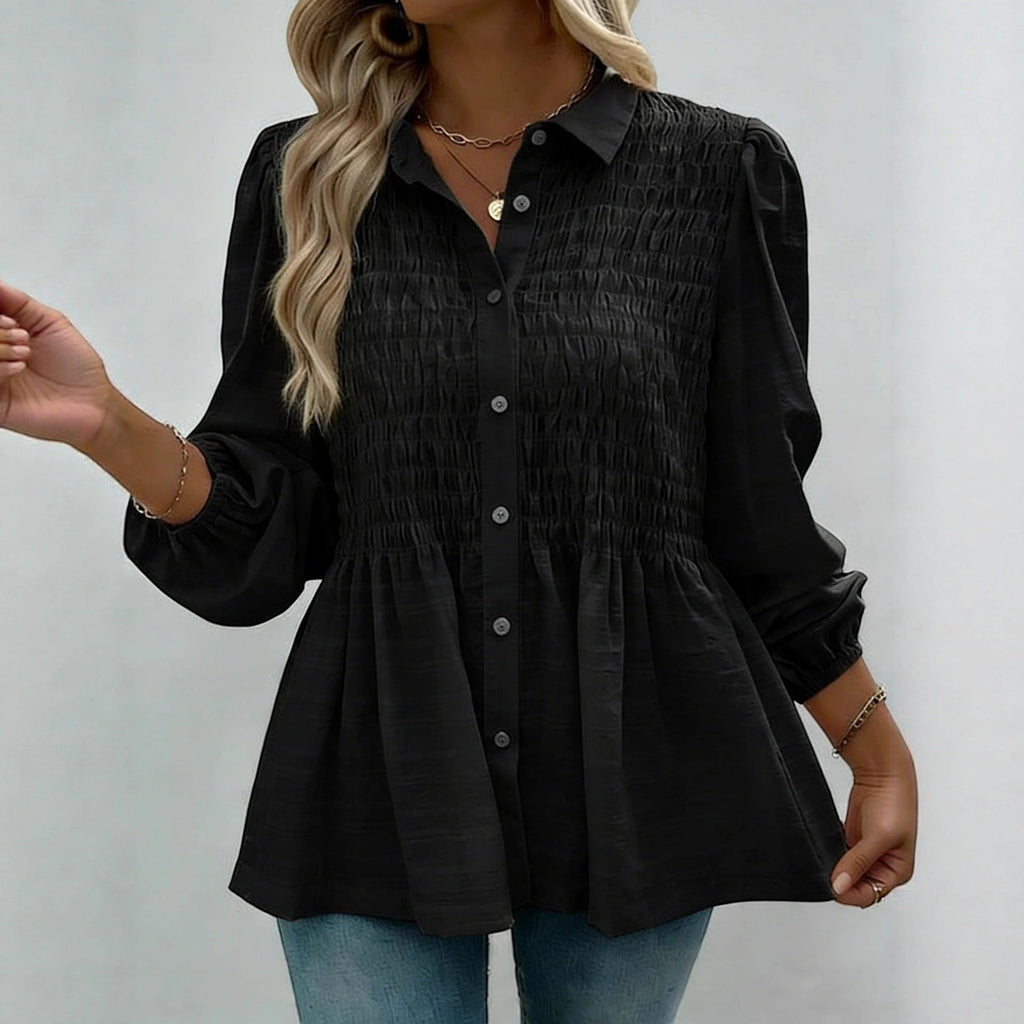 ZOFIA ATELIER black polyester button-down shirt with smocked bodice and puff sleeves