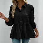 ZOFIA ATELIER black polyester button-down shirt with smocked bodice and puff sleeves