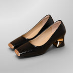 ZOFIA ATELIER black PU snake pattern square toe chunky heel slip-on shoes with gold toe cap and heart detail