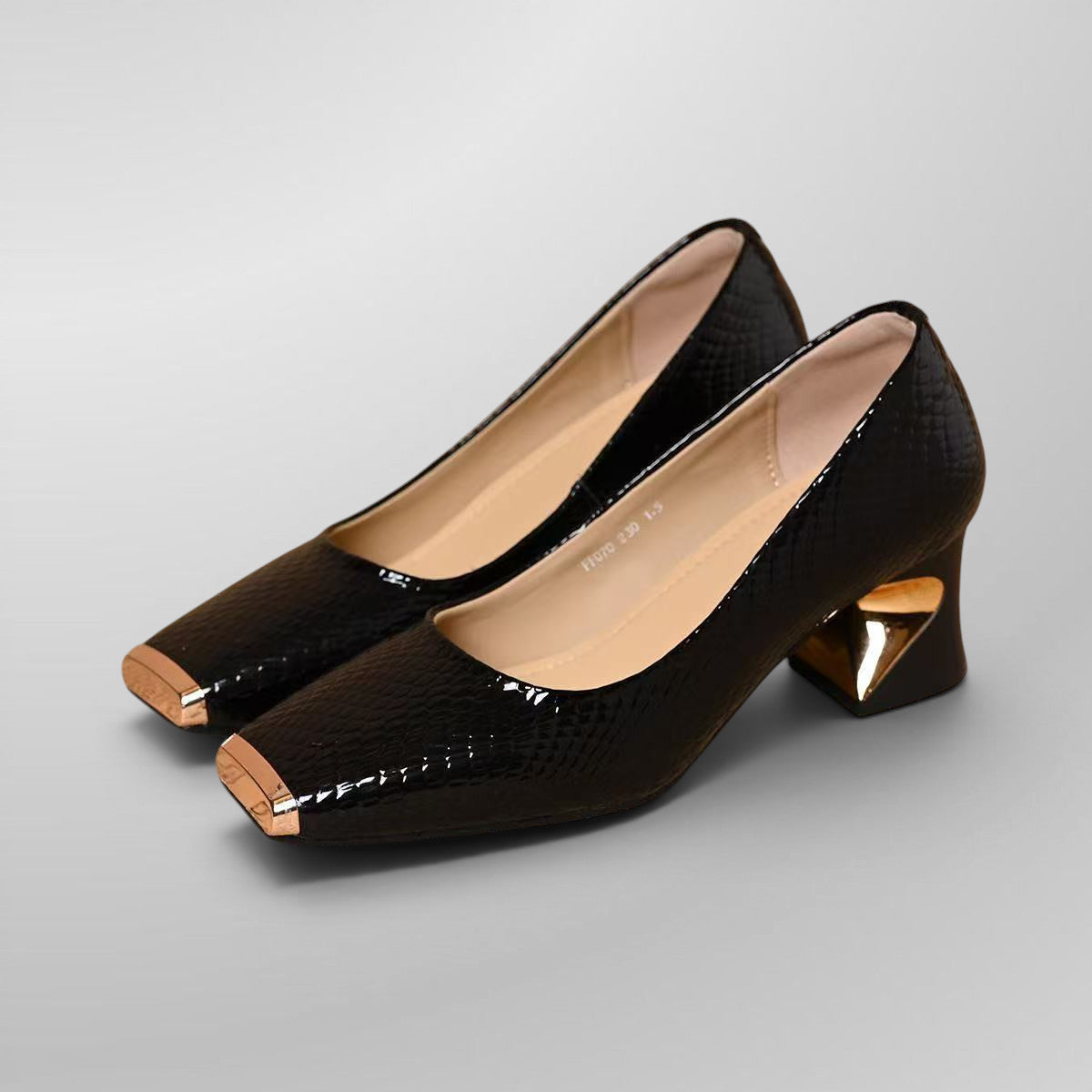 ZOFIA ATELIER black PU snake pattern square toe chunky heel slip-on shoes with gold toe cap and heart detail