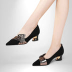 ZOFIA ATELIER black suede pointed-toe pumps with a metallic accent and a 3-5cm block heel.