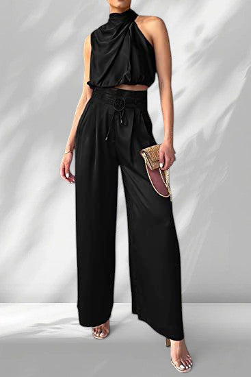 ZOFIA ATELIER black sleeveless halter crop top with wide-leg trousers, made of regenerated cellulose fiber.