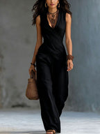 ZOFIA ATELIER black V-neck sleeveless knitted polyester casual set with wide-leg pants.