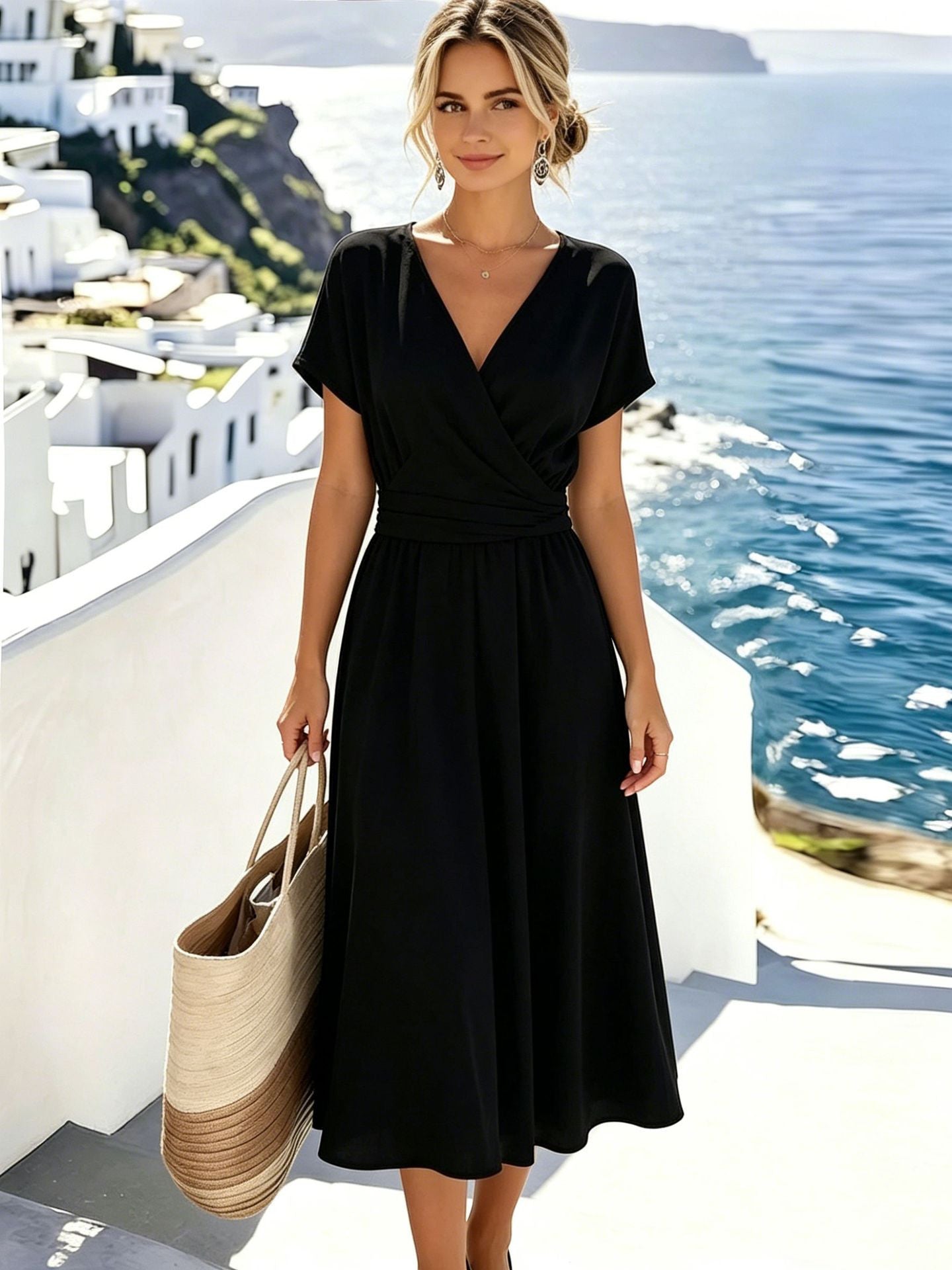 ZOFIA ATELIER black V-neck short sleeve polyester-ammonia blend midi dress with wrap waist