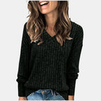 ZOFIA ATELIER black long sleeve V-neck t-shirt with a ribbed texture and a 3D stripe effect.