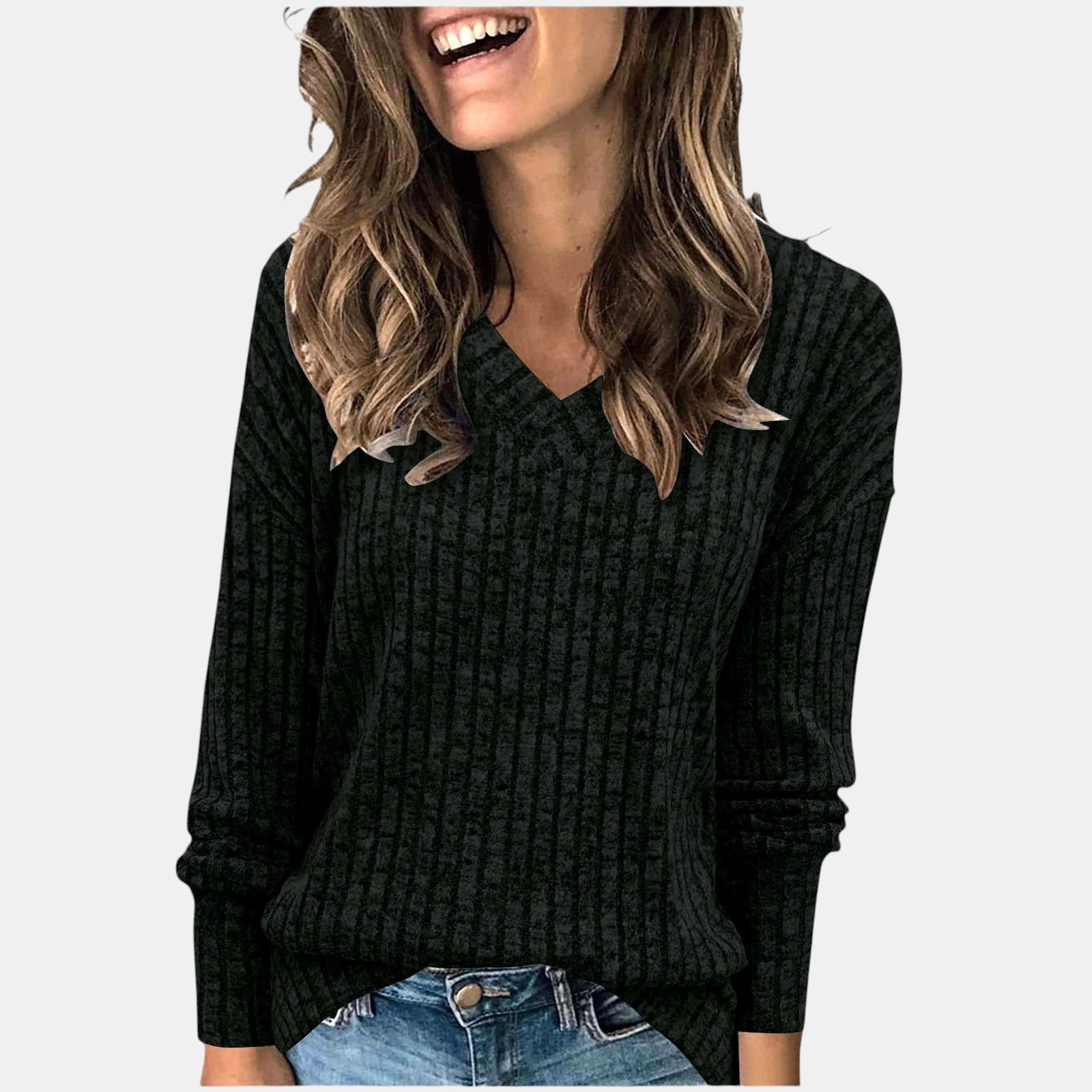 ZOFIA ATELIER black long sleeve V-neck t-shirt with a ribbed texture and a 3D stripe effect.