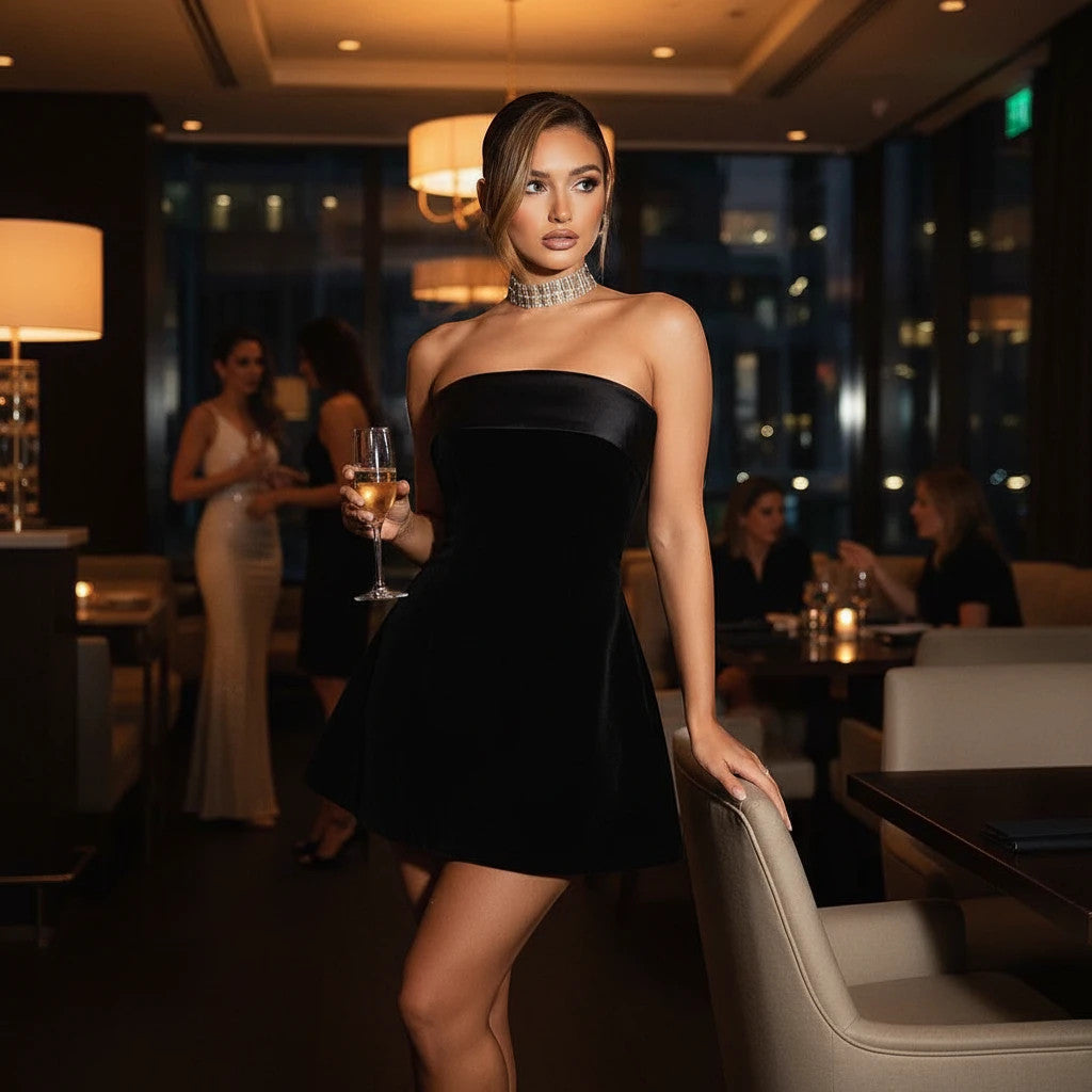 ZOFIA ATELIER black velvet tube-top A-line mini dress with satin trim, sleeveless, zipper closure. Elegant evening wear.