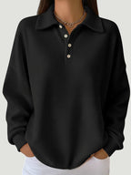 ZOFIA ATELIER black waffle knit polo shirt with lapel and button detail, relaxed fit, mid-length