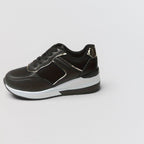ZOFIA ATELIER black PU leather wedge sneakers with white sole and silver accents. Round toe, lace-up front.