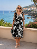ZOFIA ATELIER black and white floral chiffon dress with A-line skirt and high waist, perfect for elegant gatherings.