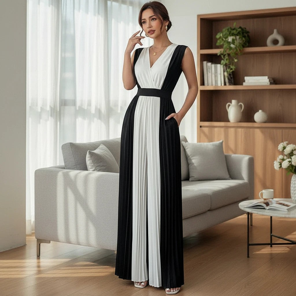 ZOFIA ATELIER sleeveless black and white V-neck pleated wide-leg jumpsuit with pockets.