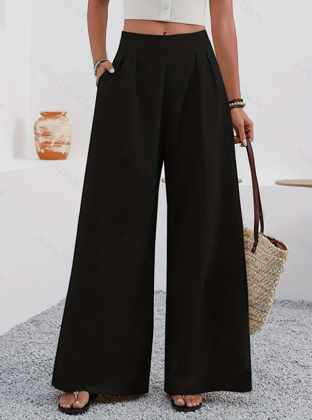 ZOFIA ATELIER black polyester high-waisted wide-leg trousers with pockets and full-length.