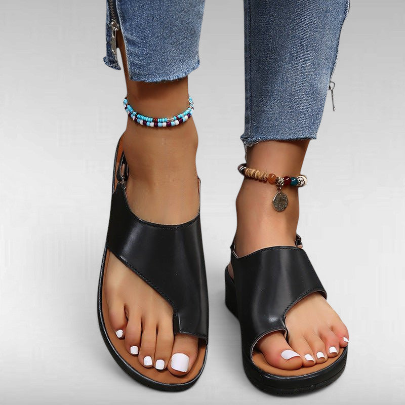 ZOFIA ATELIER black PU casual women's sandals with round toe and buckle closure, lightweight and breathable.