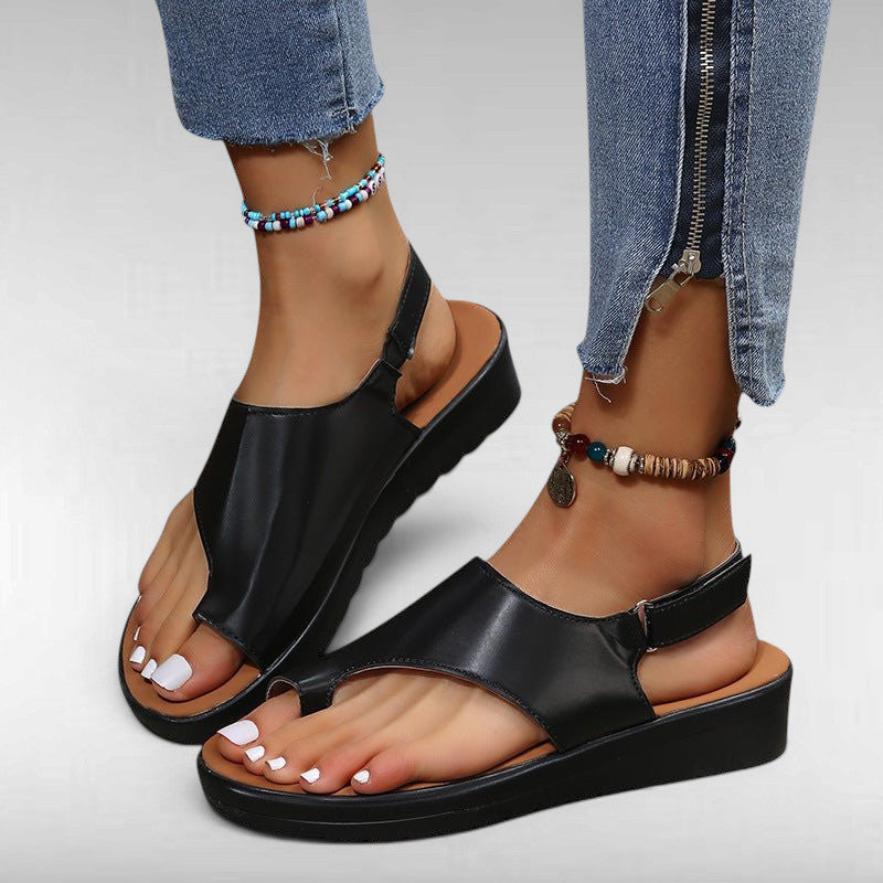 ZOFIA ATELIER black PU casual women's sandals with round toe and buckle closure, featuring a lightweight design.