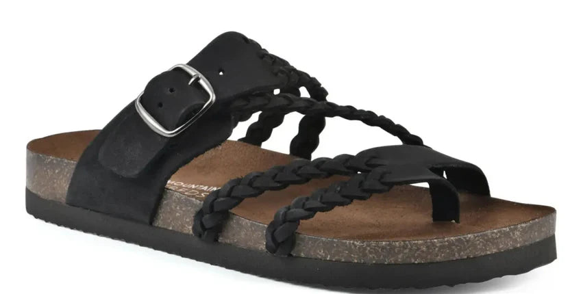 A black leather slide sandal with braided straps, a silver buckle, and a brown cork-textured footbed on a white background.